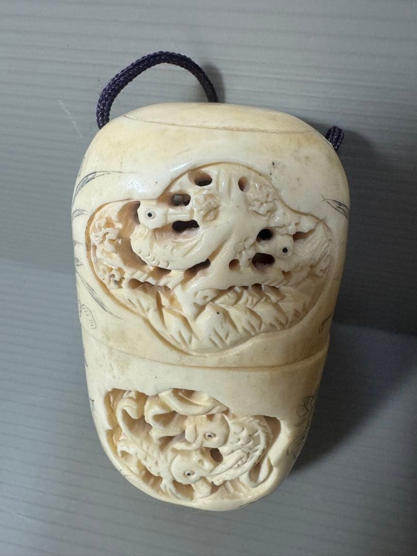 2122 骨董　根付布袋様七福神　根付彫刻煙草入れ　時代物