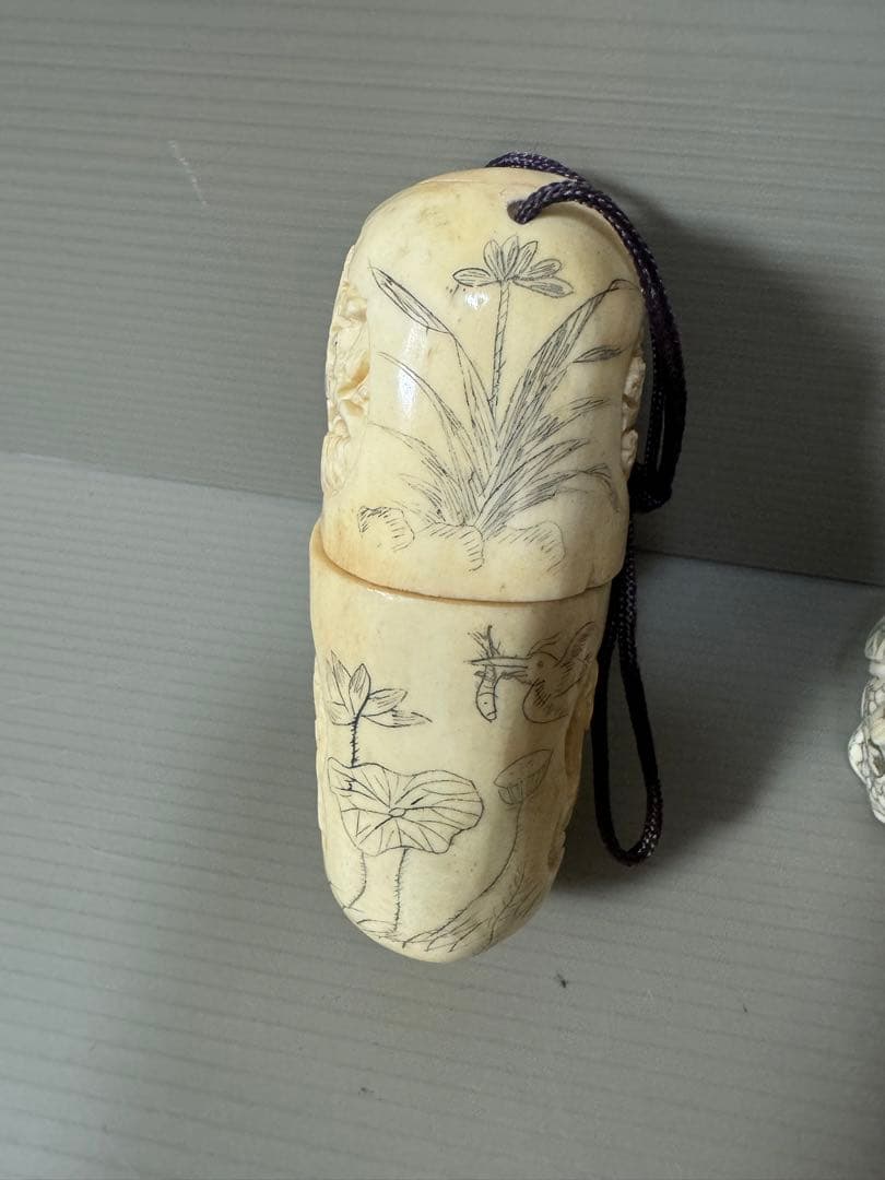 2122 骨董　根付布袋様七福神　根付彫刻煙草入れ　時代物