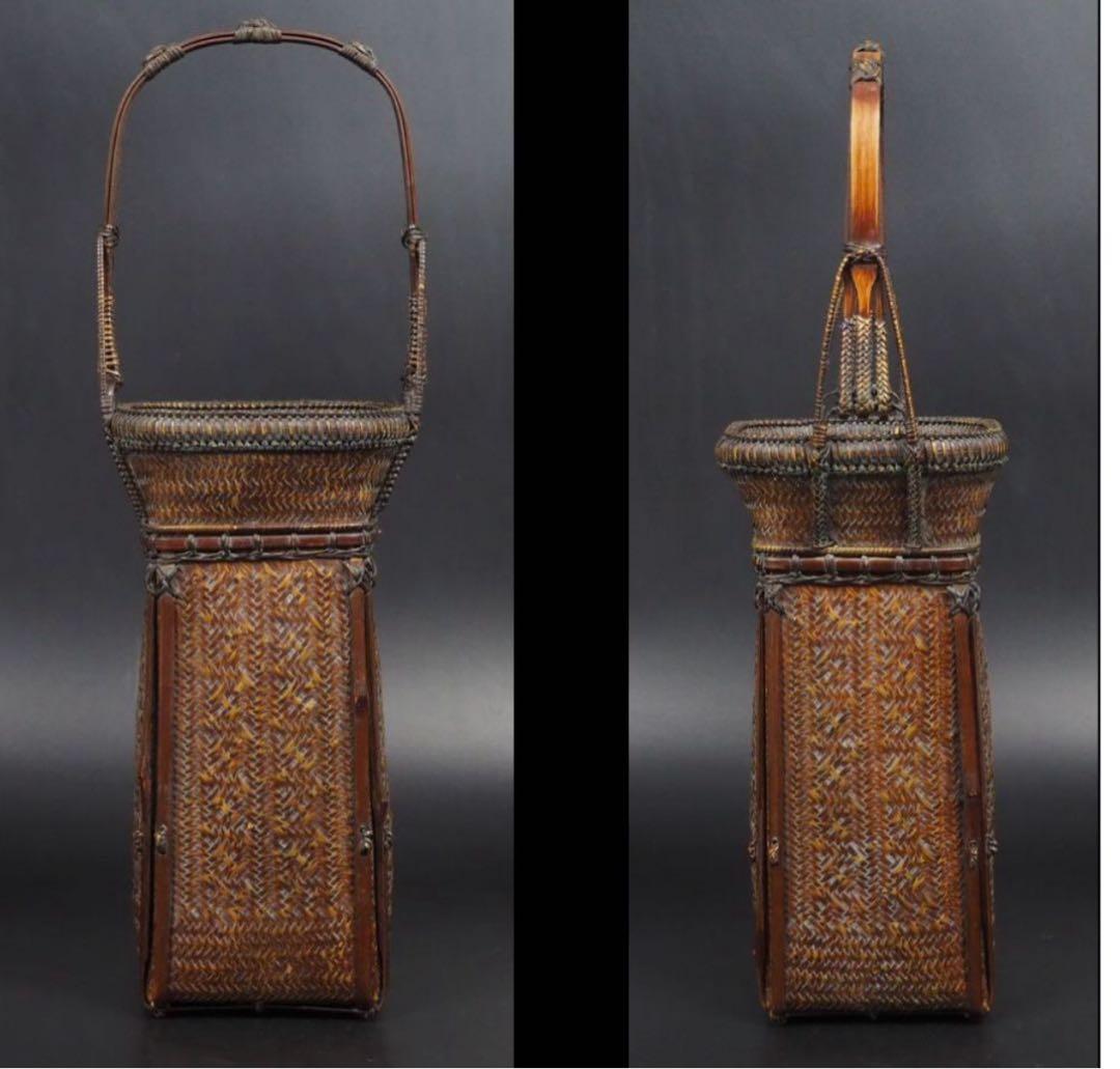 送料無料　竹細工　竹製花籠　花入れ　華道具茶道具　検/花器竹編竹製竹籠 花入