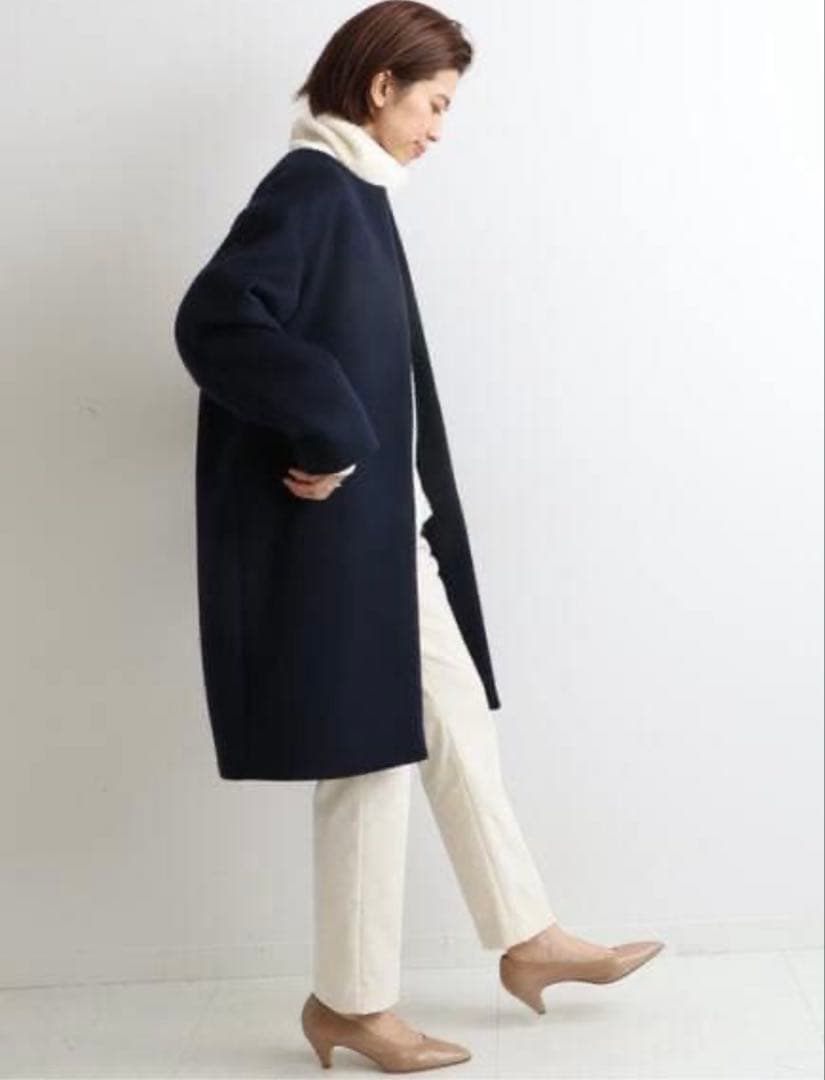 イエナ　PECOLAMBノーカラーコート　ネイビー　38