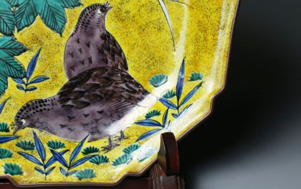 ☆旧家収集品☆古九谷☆吉田屋☆青手花鳥図☆八角皿☆ 共箱