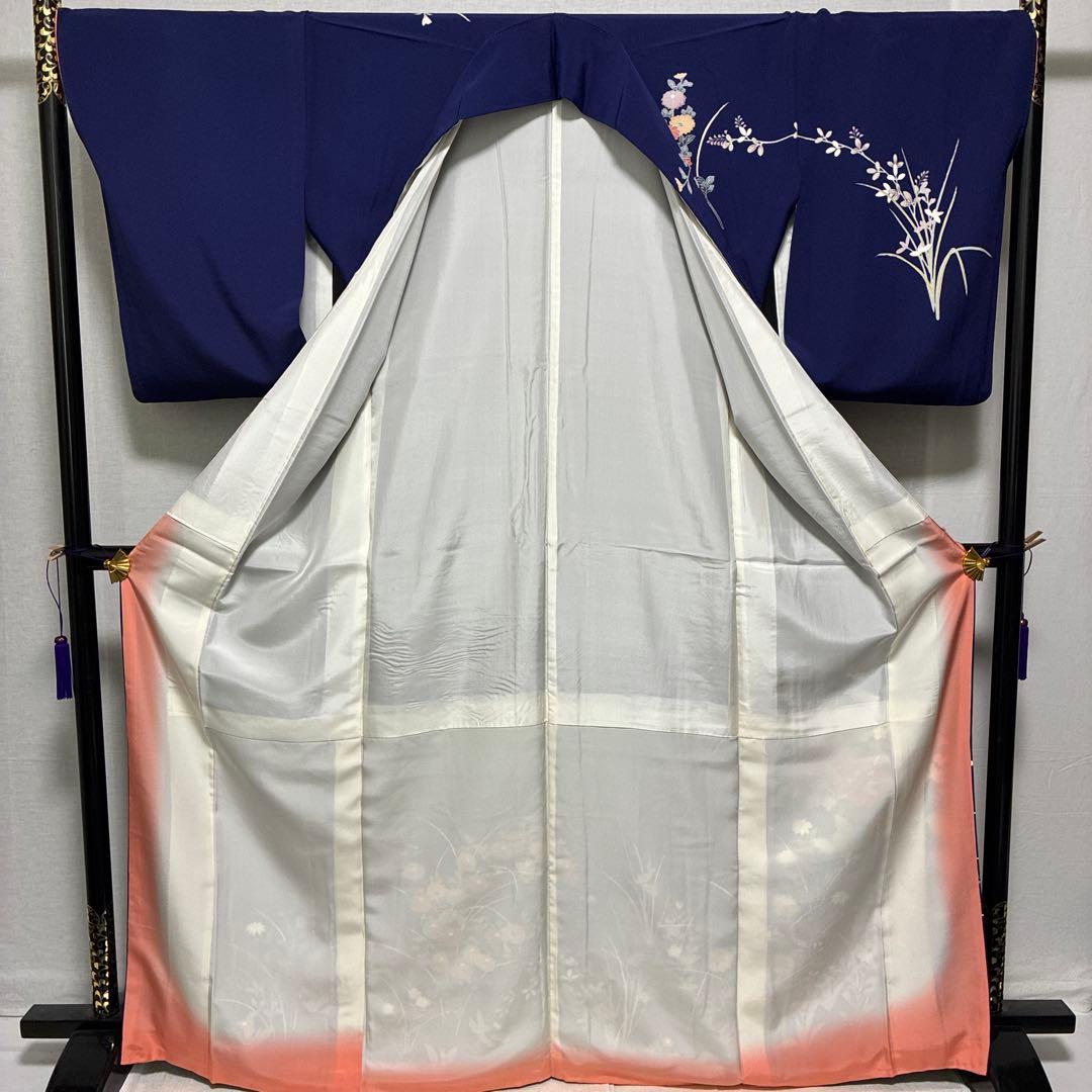 D76 訪問着 手描き花模様 丹後ちりめん 正絹 着物 袷 極美品