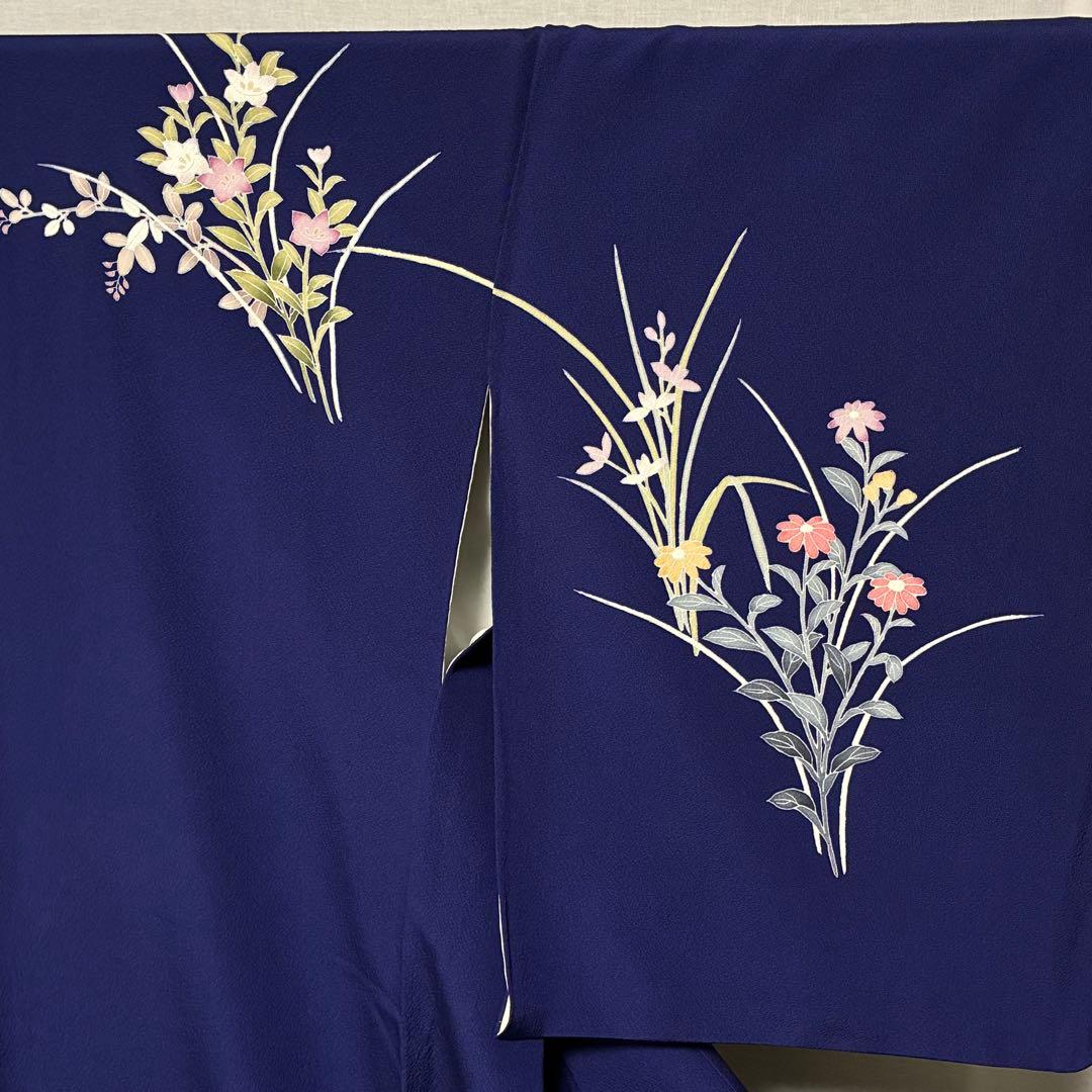 D76 訪問着 手描き花模様 丹後ちりめん 正絹 着物 袷 極美品