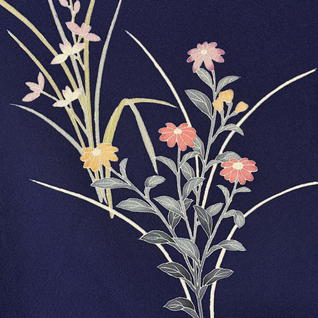 D76 訪問着 手描き花模様 丹後ちりめん 正絹 着物 袷 極美品