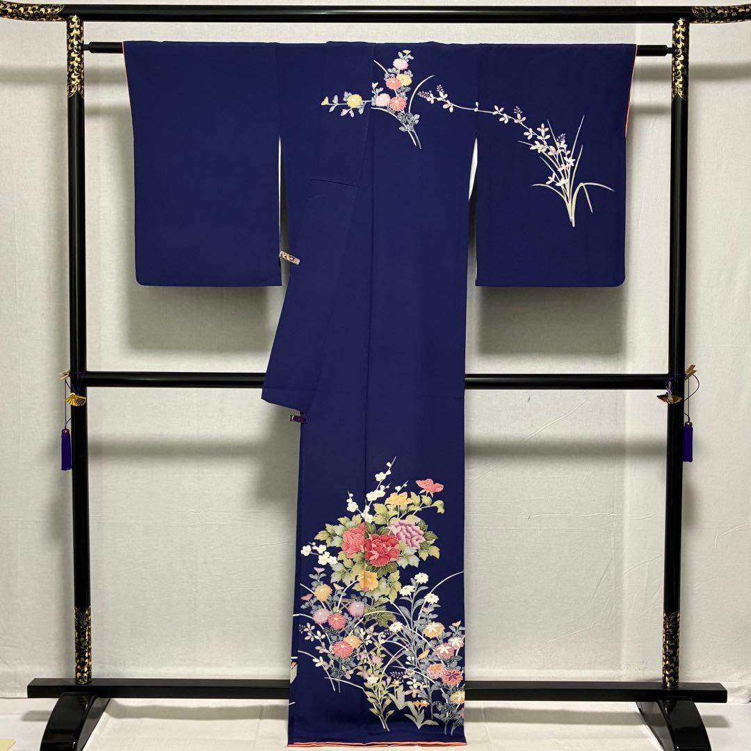 D76 訪問着 手描き花模様 丹後ちりめん 正絹 着物 袷 極美品