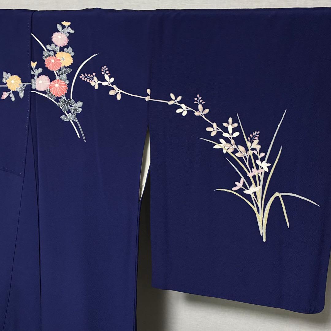 D76 訪問着 手描き花模様 丹後ちりめん 正絹 着物 袷 極美品