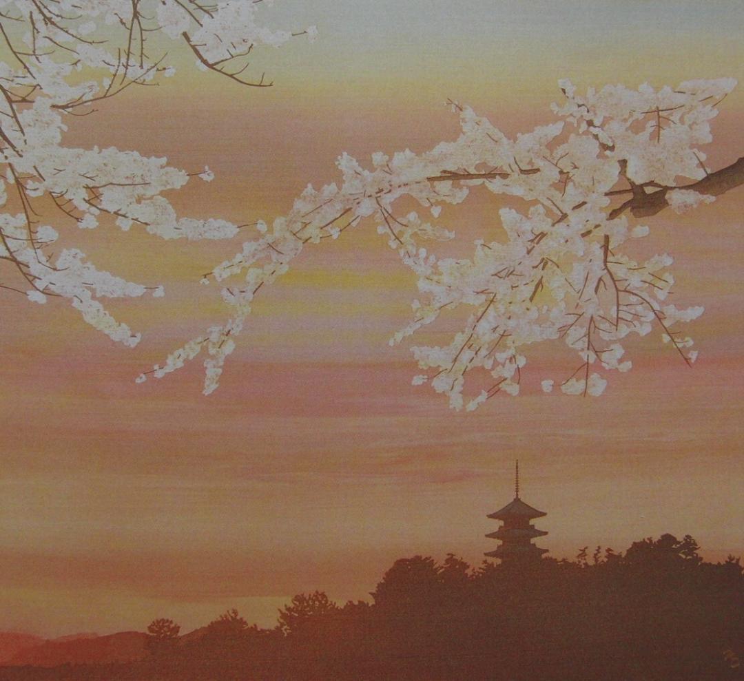 鎮西直秀、【瑞彩　桜・備中国分寺夕映】、希少な額装用画集より、厳選、新品額装