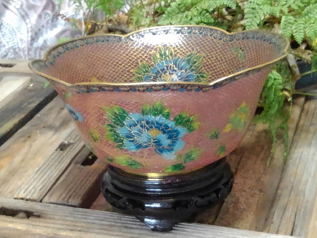 ♥中国製　硝子　金彩　花柄　鉢　φ１８０ｍｍ　置物　飾り　骨董　古玩