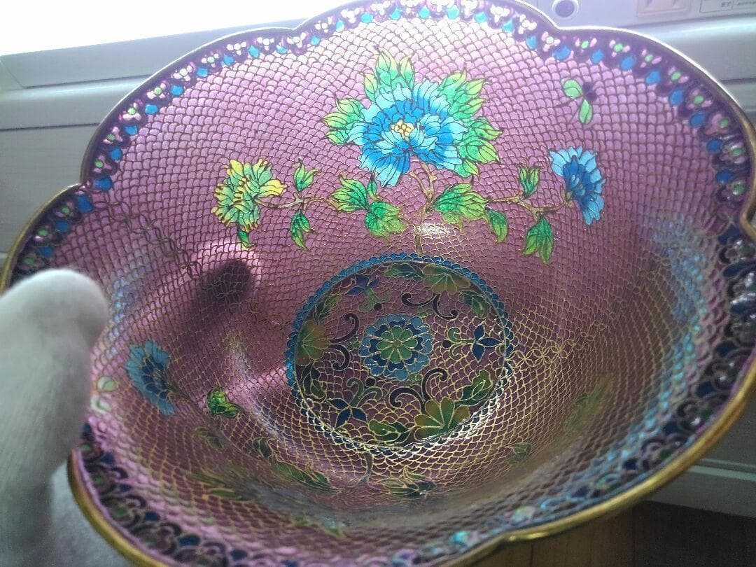 ♥中国製　硝子　金彩　花柄　鉢　φ１８０ｍｍ　置物　飾り　骨董　古玩