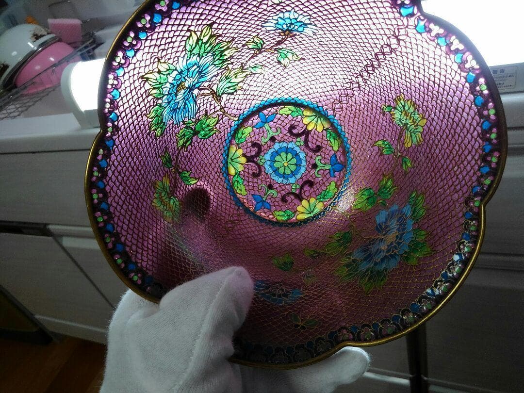 ♥中国製　硝子　金彩　花柄　鉢　φ１８０ｍｍ　置物　飾り　骨董　古玩