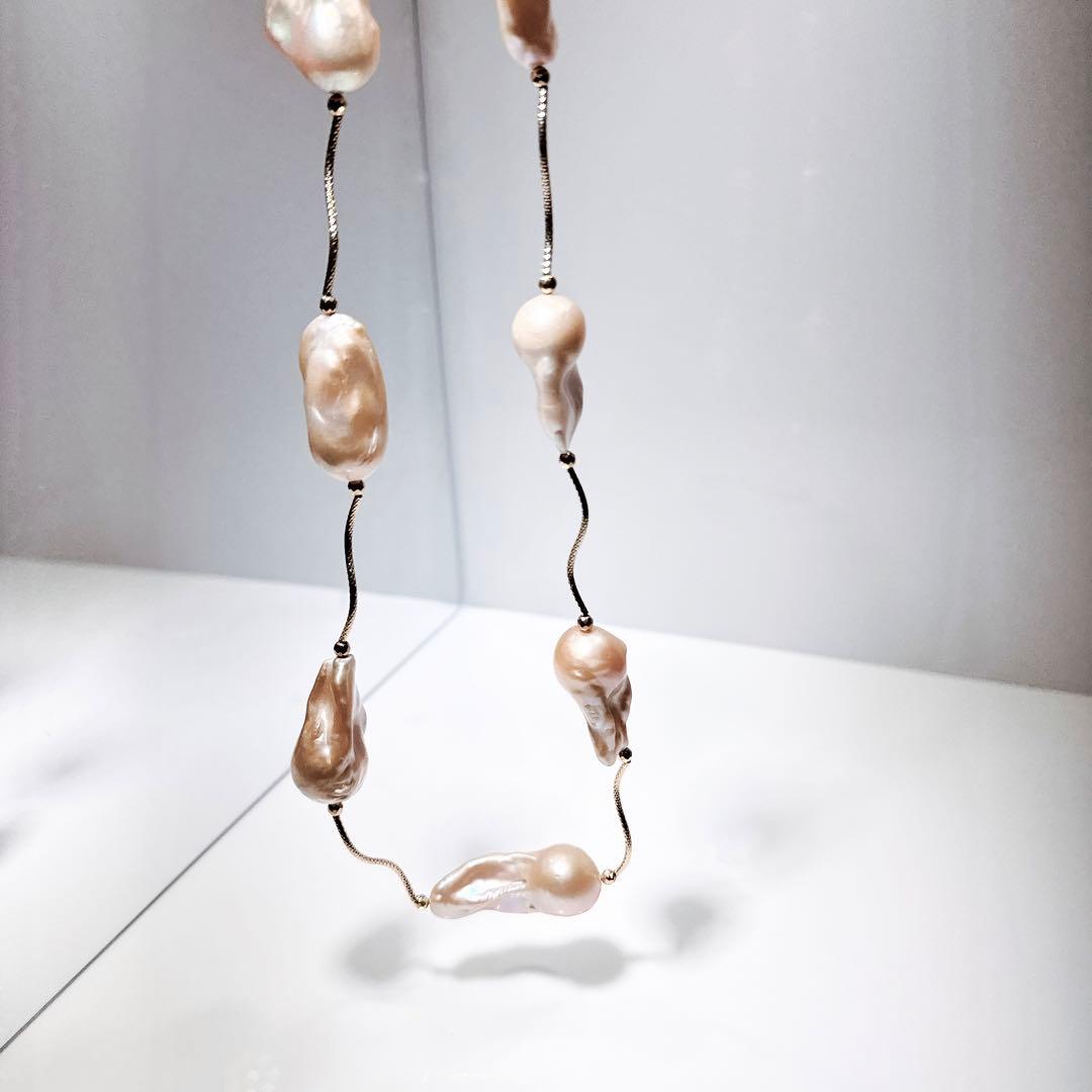 特価値段オイスターパールゴールドイエローミラーパイプネックレスNO24-744