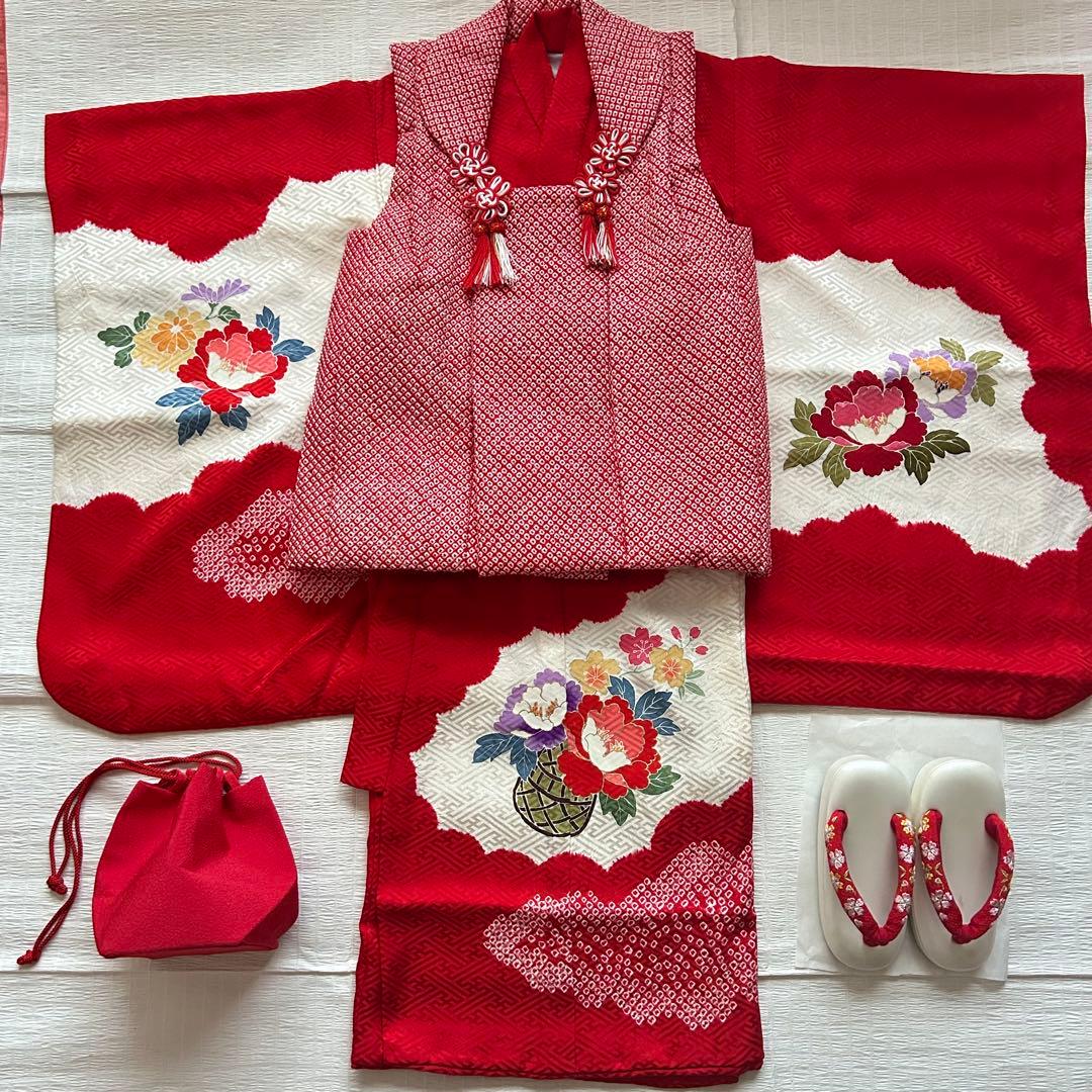 七五三 3歳 フルセット 総絞り 被布 着物 正絹 三歳 草履 巾着 753