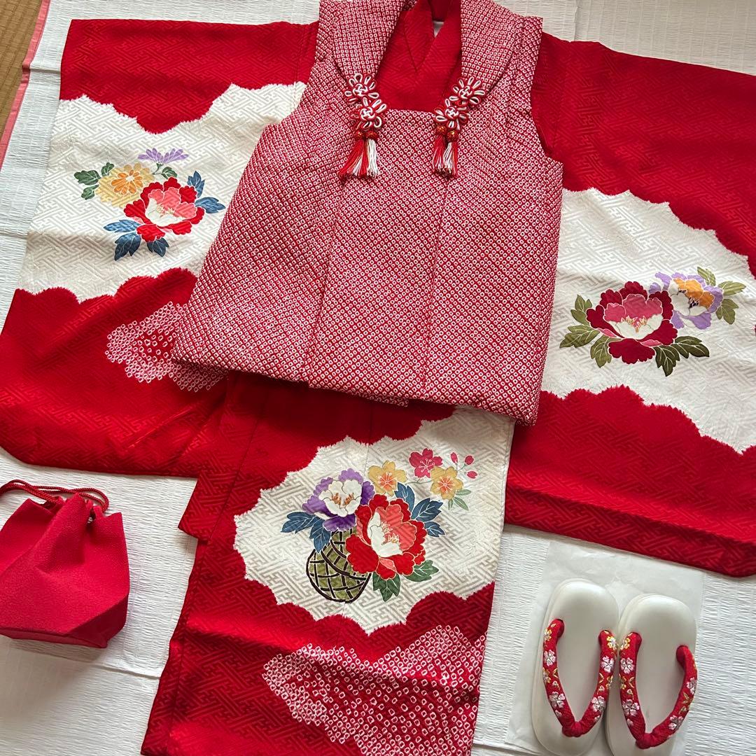 七五三 3歳 フルセット 総絞り 被布 着物 正絹 三歳 草履 巾着 753