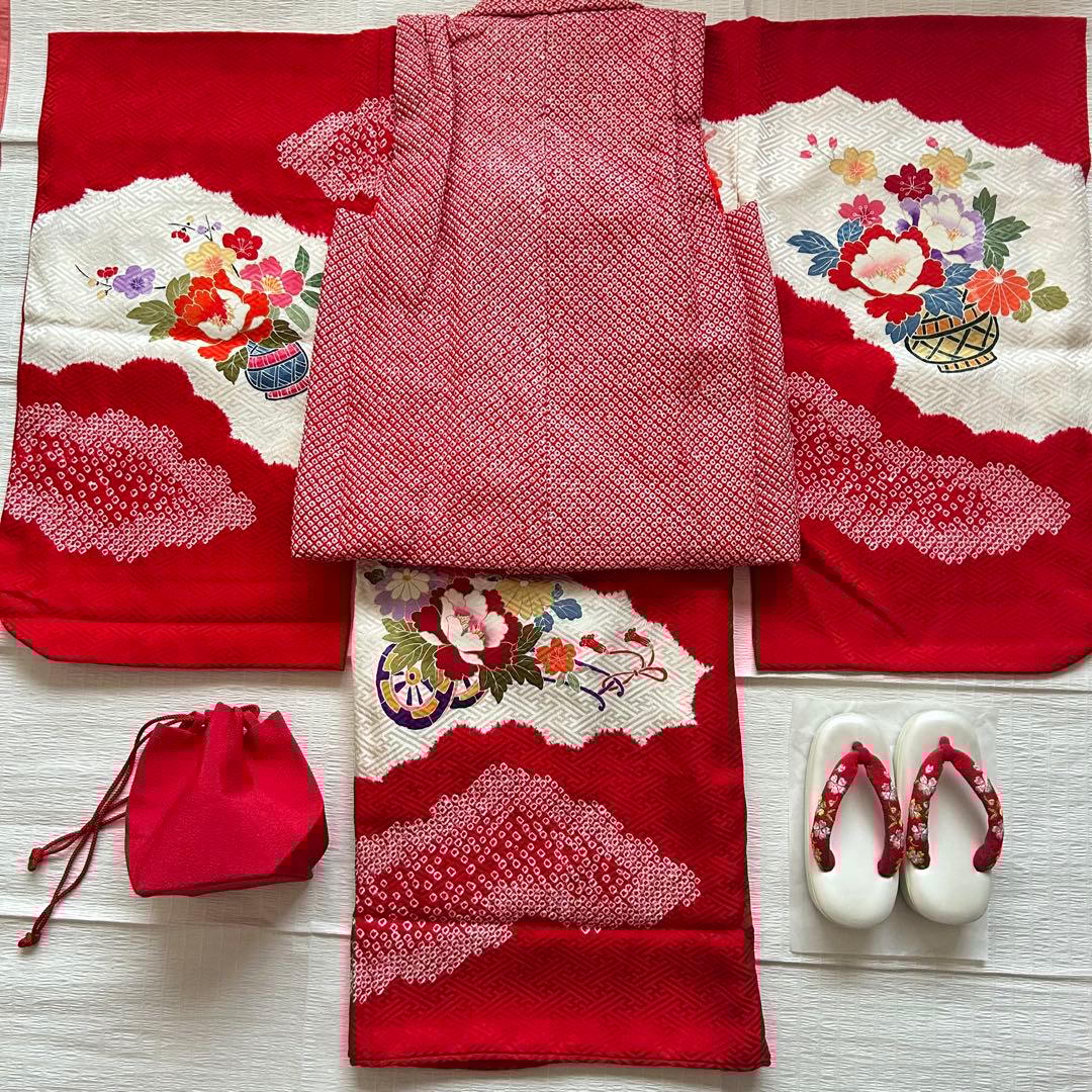 七五三 3歳 フルセット 総絞り 被布 着物 正絹 三歳 草履 巾着 753