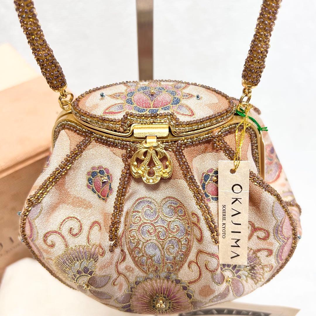 未使用タグ付 OKAJIMA オカジマ ビーズバッグ シルク 和装 ハンドバッグ