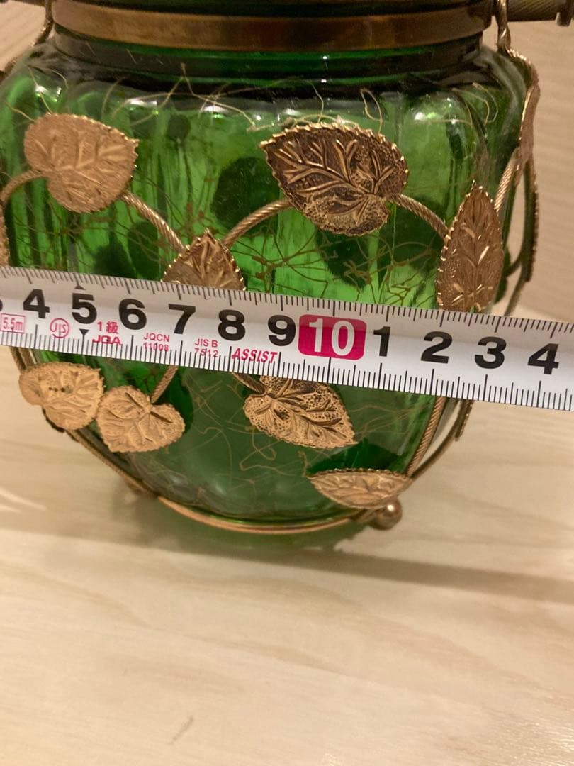 希少　ガラスオルゴール　真鍮キャンディ緑ゴールド　ガラスポット　ビンテージ寺田製