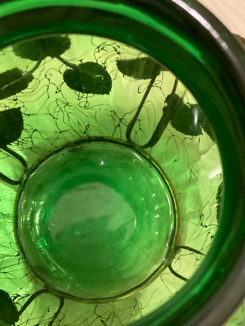 希少　ガラスオルゴール　真鍮キャンディ緑ゴールド　ガラスポット　ビンテージ寺田製