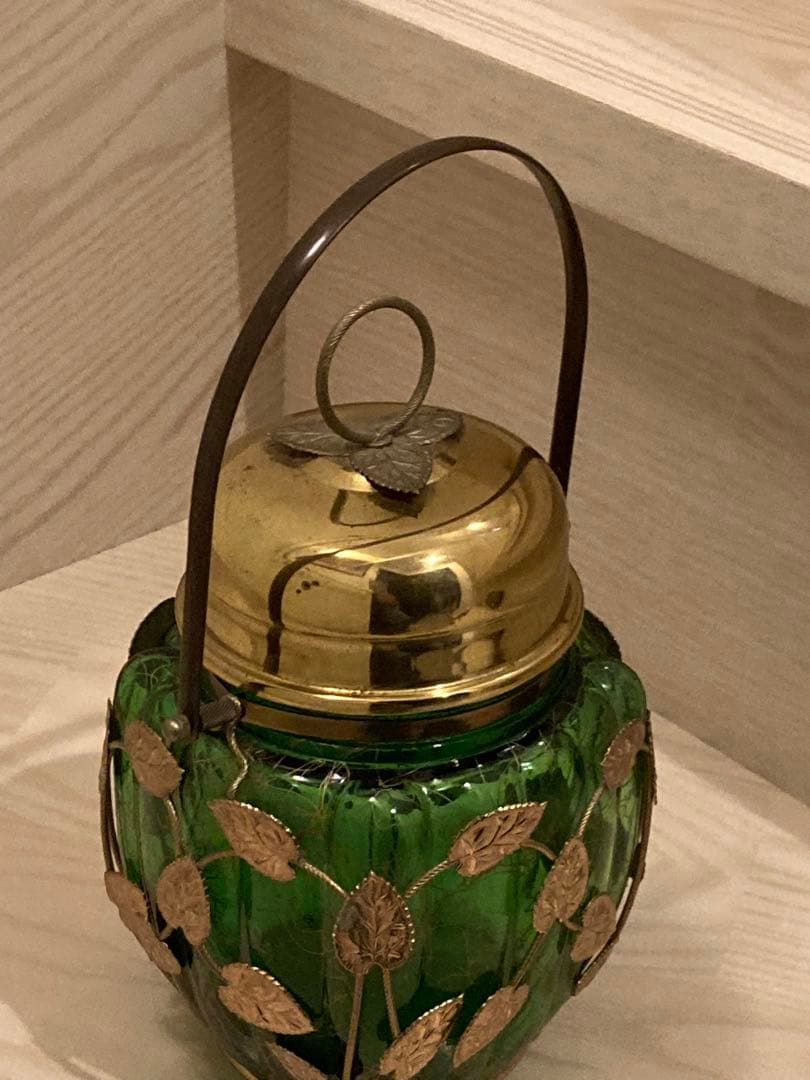 希少　ガラスオルゴール　真鍮キャンディ緑ゴールド　ガラスポット　ビンテージ寺田製