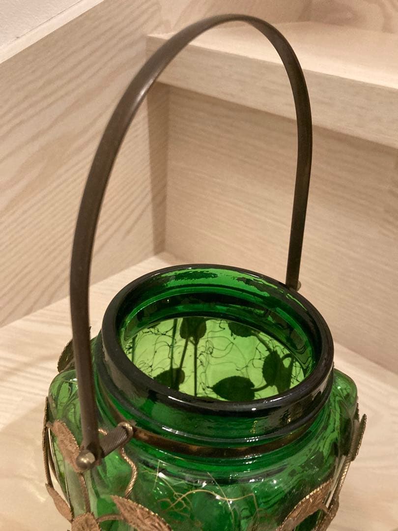 希少　ガラスオルゴール　真鍮キャンディ緑ゴールド　ガラスポット　ビンテージ寺田製