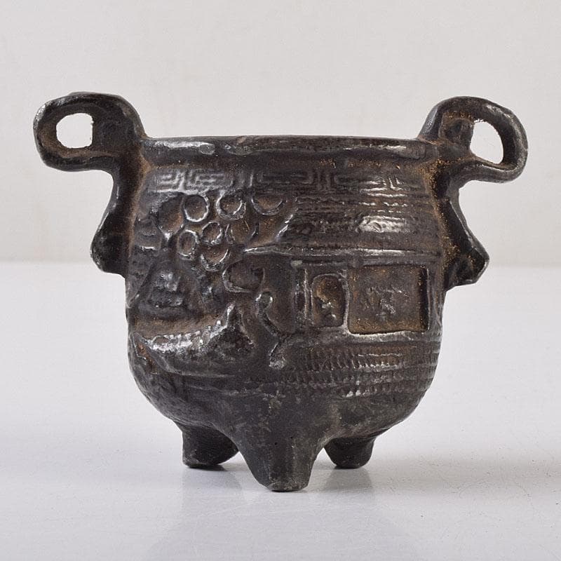 中国　古銅宣徳銅　山水文刻　三足香炉　V　R9217