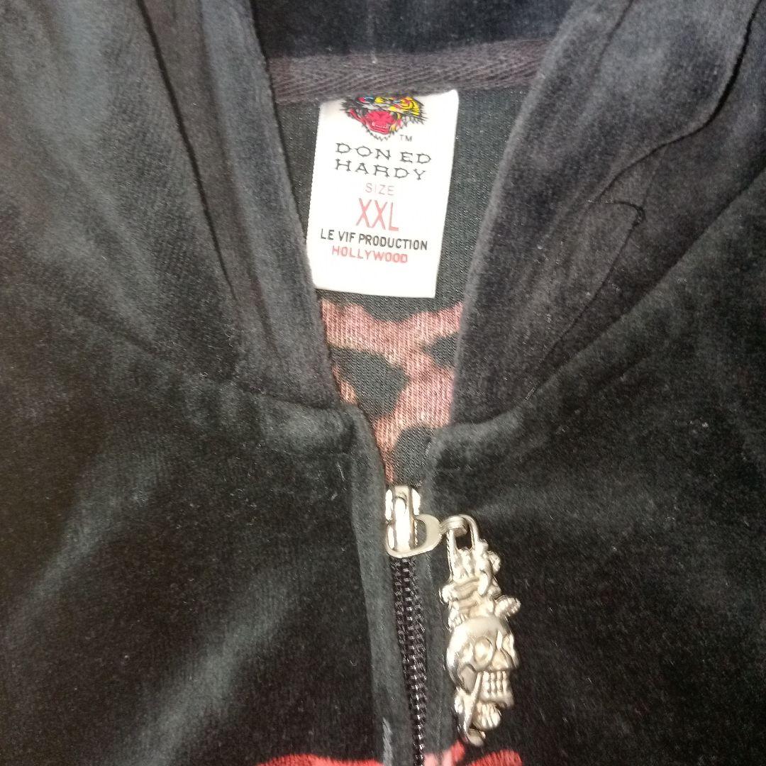 Don Ed Hardy ベロアパーカー XL 虎 黒 刺繍 ジップ メンズ