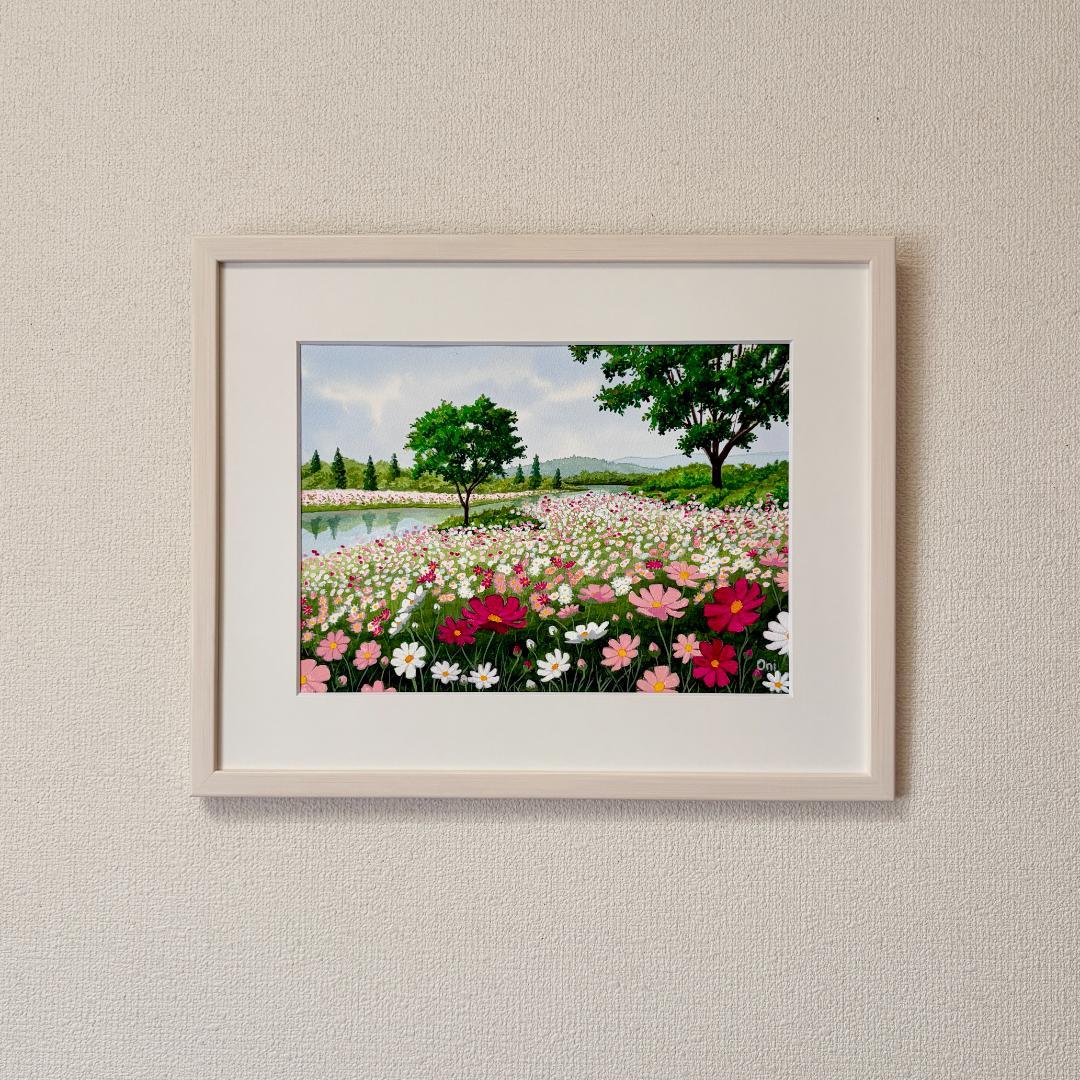 透明水彩画　原画　「コスモスの川辺」額縁付き　F4サイズ　風景画