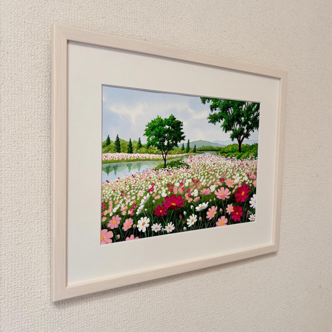 透明水彩画　原画　「コスモスの川辺」額縁付き　F4サイズ　風景画