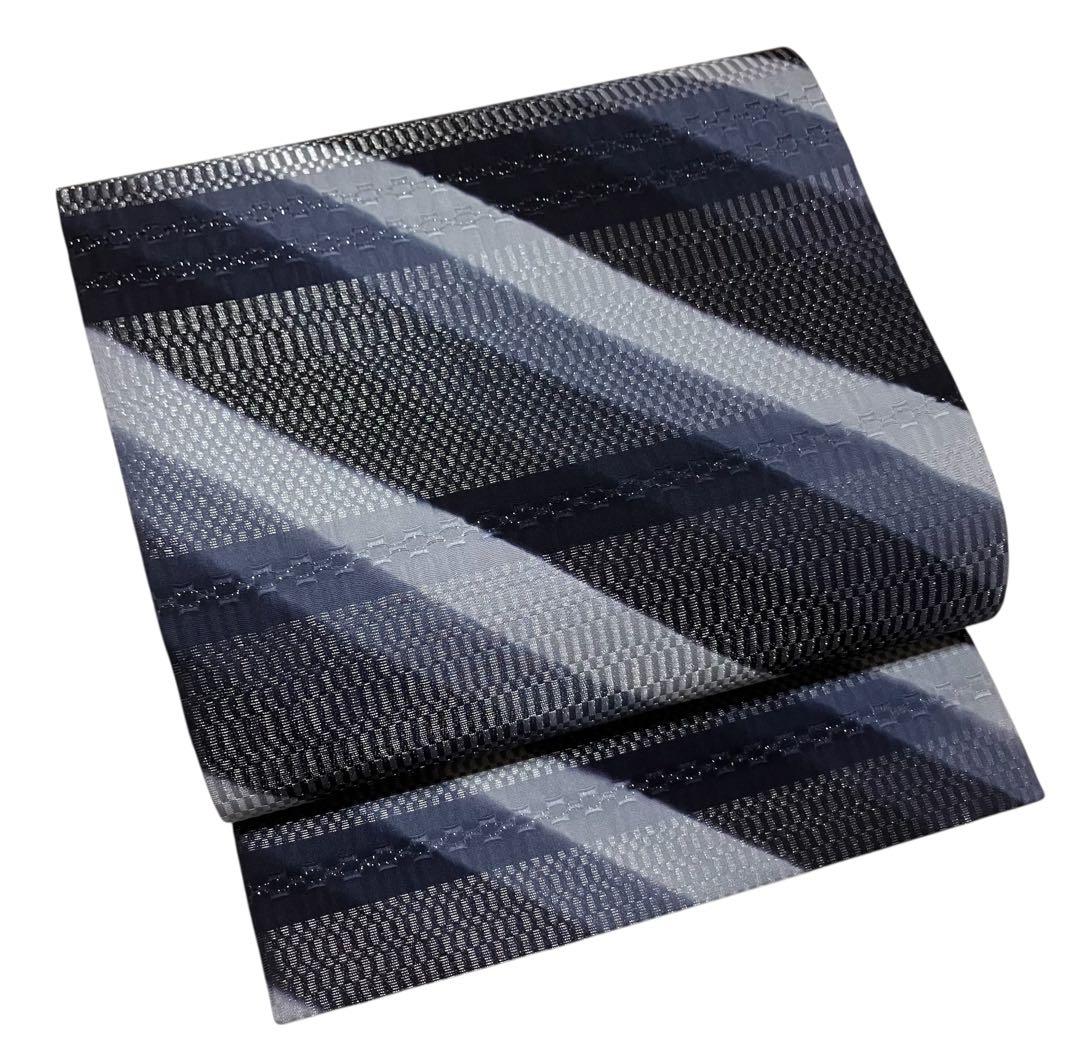 西陣 袋帯 全通柄 正絹 ロートン織風 横段 縞 銀通し 未使用 イ6398