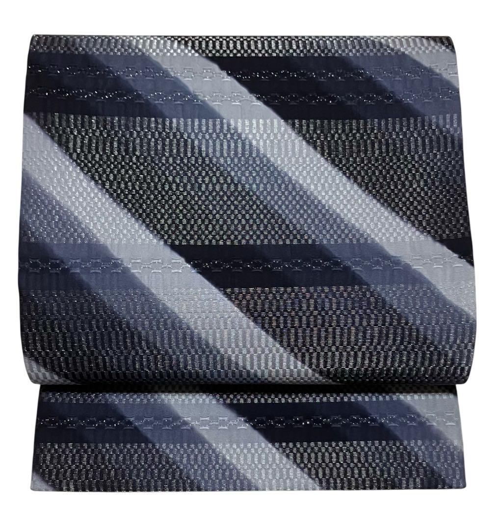 西陣 袋帯 全通柄 正絹 ロートン織風 横段 縞 銀通し 未使用 イ6398