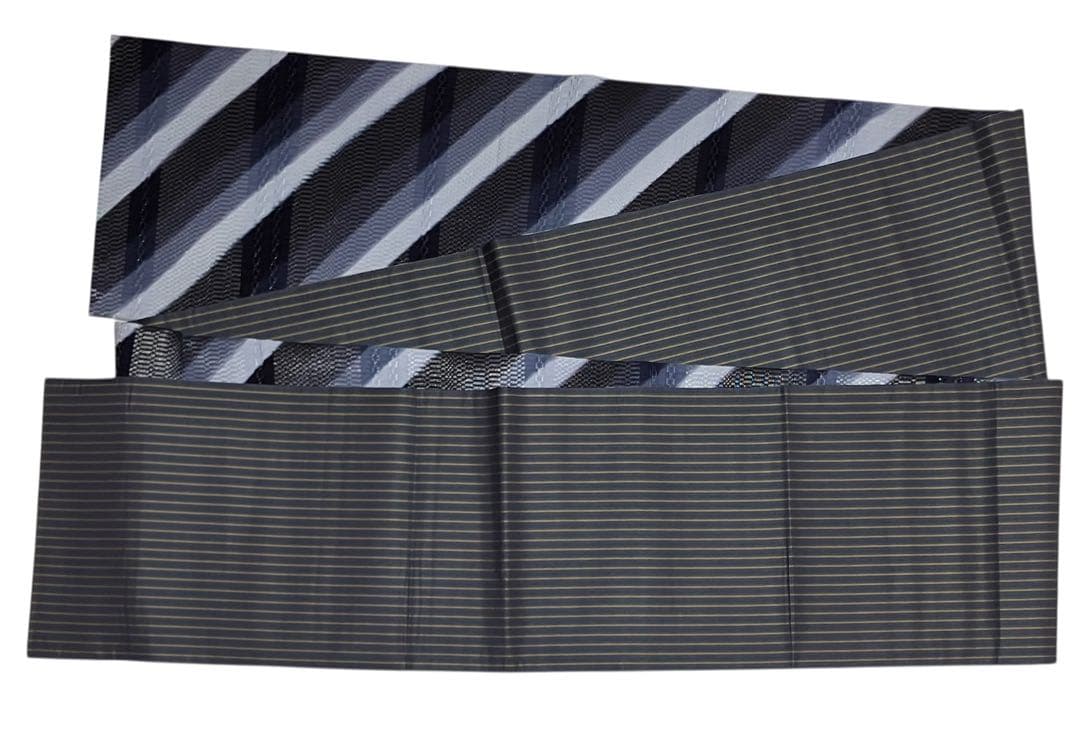 西陣 袋帯 全通柄 正絹 ロートン織風 横段 縞 銀通し 未使用 イ6398