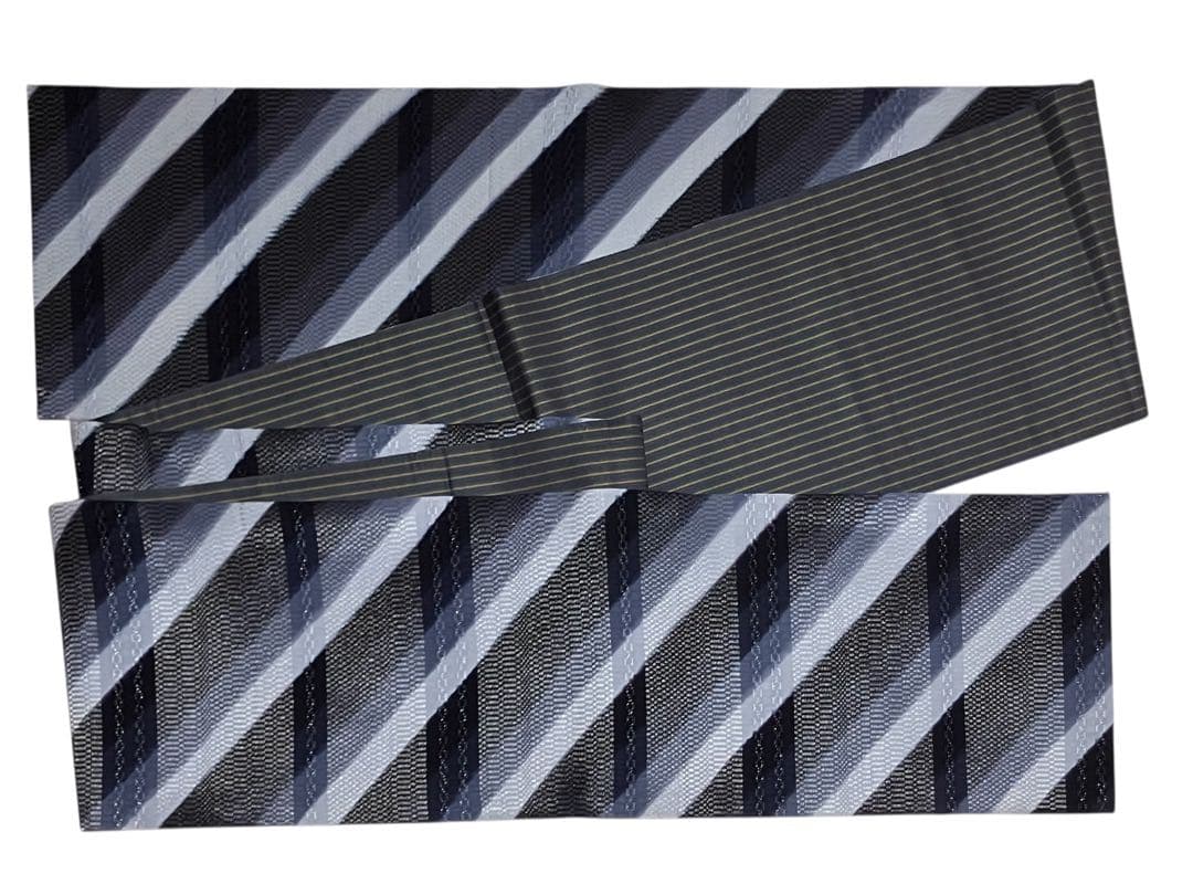 西陣 袋帯 全通柄 正絹 ロートン織風 横段 縞 銀通し 未使用 イ6398