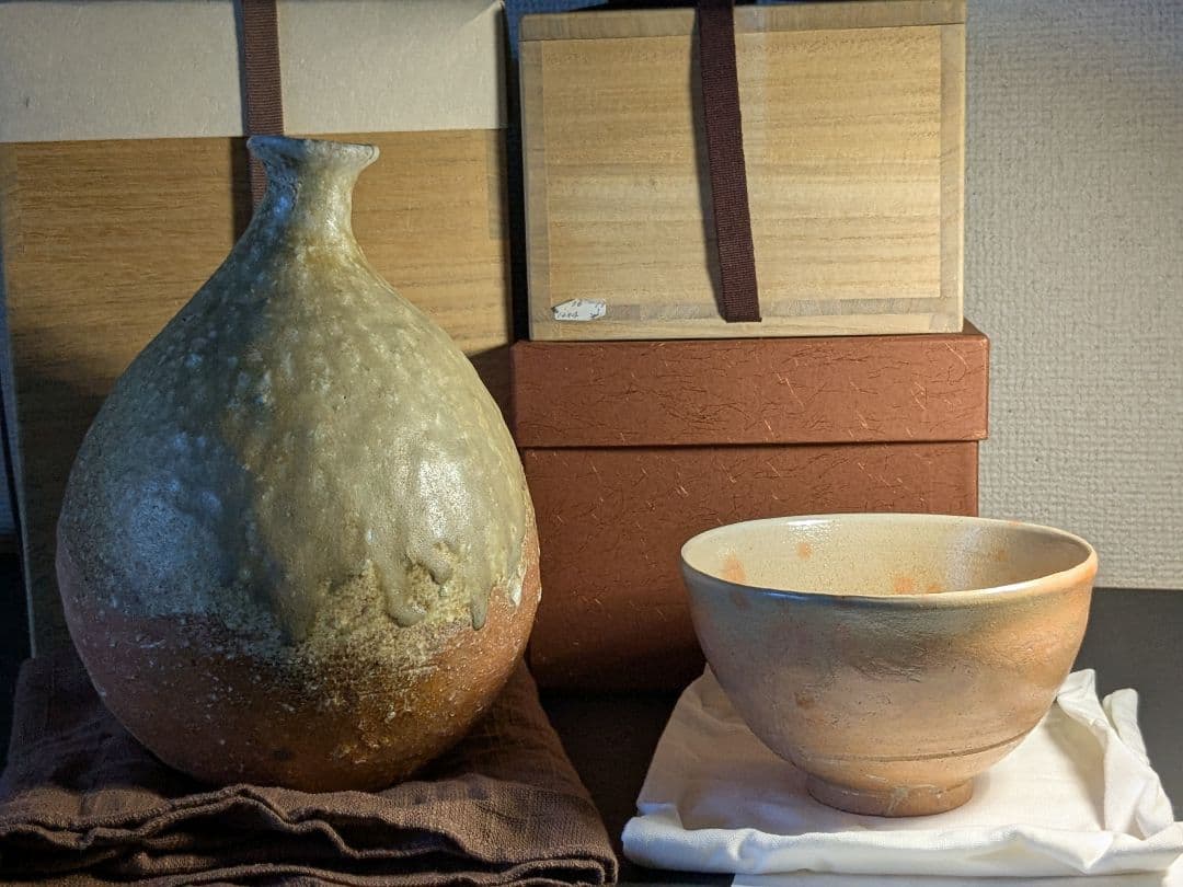 信楽焼　寺垣外窯　杉本貞光　花入　茶碗　毎日オークション出品