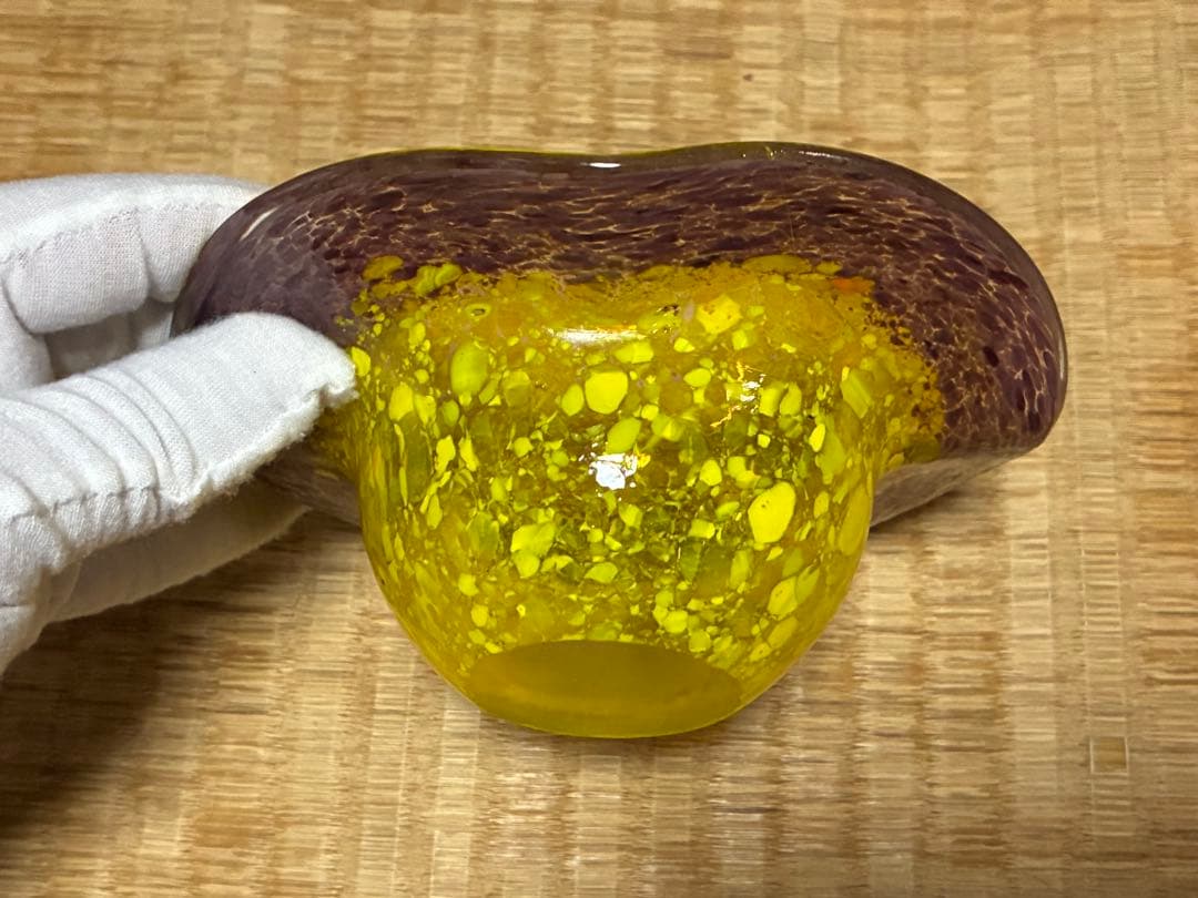 岩田ガラス 硝子 紫と黄色 ガラス皿 灰皿 【岩田藤七】共箱