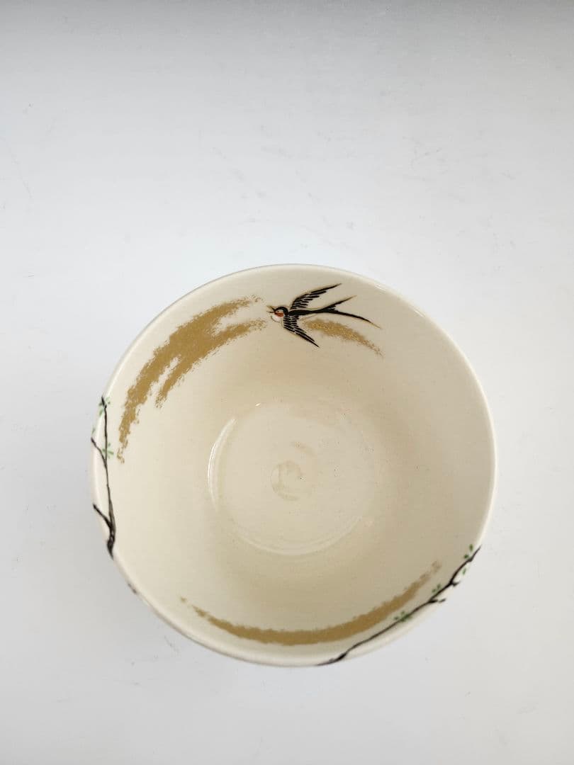 茶碗　抹茶茶碗　阿山作　つばめ　柳　仁清写　柳に燕　京焼　華やか