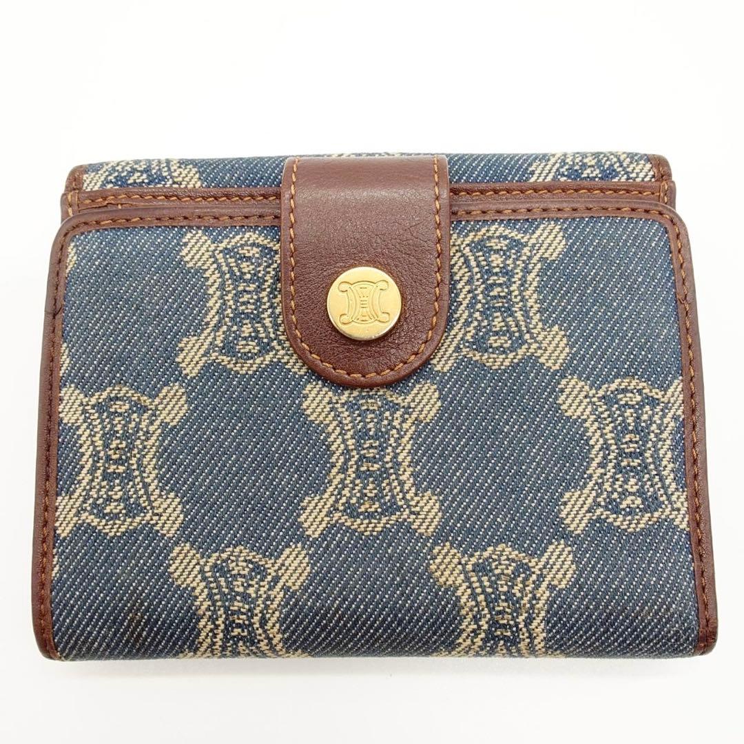 【美品】 セリーヌ 折り財布 トリオンフ マカダム柄 デニム レザー インディゴ