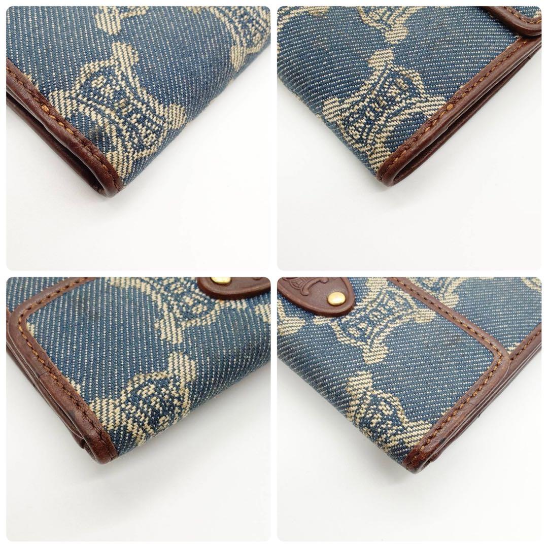【美品】 セリーヌ 折り財布 トリオンフ マカダム柄 デニム レザー インディゴ