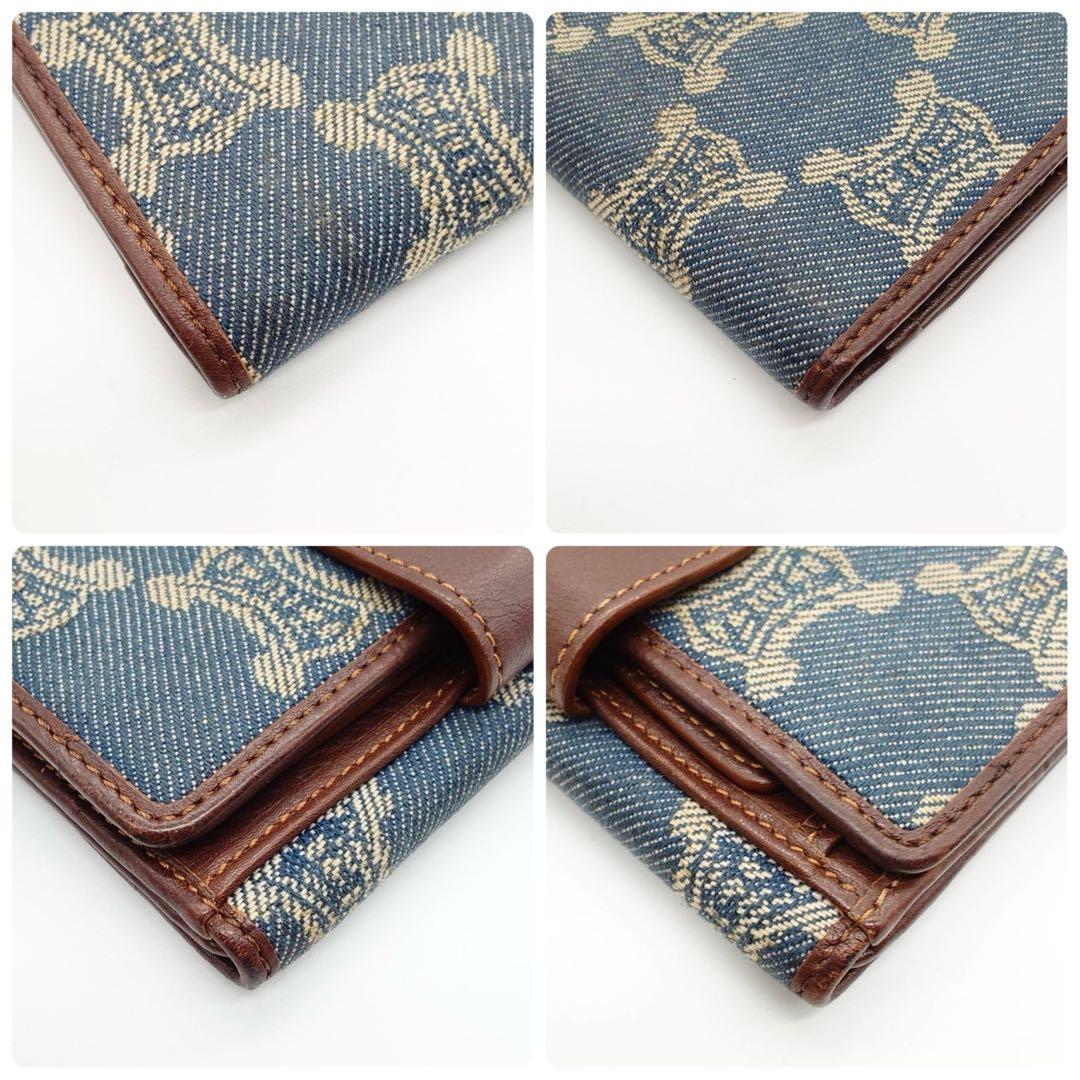 【美品】 セリーヌ 折り財布 トリオンフ マカダム柄 デニム レザー インディゴ