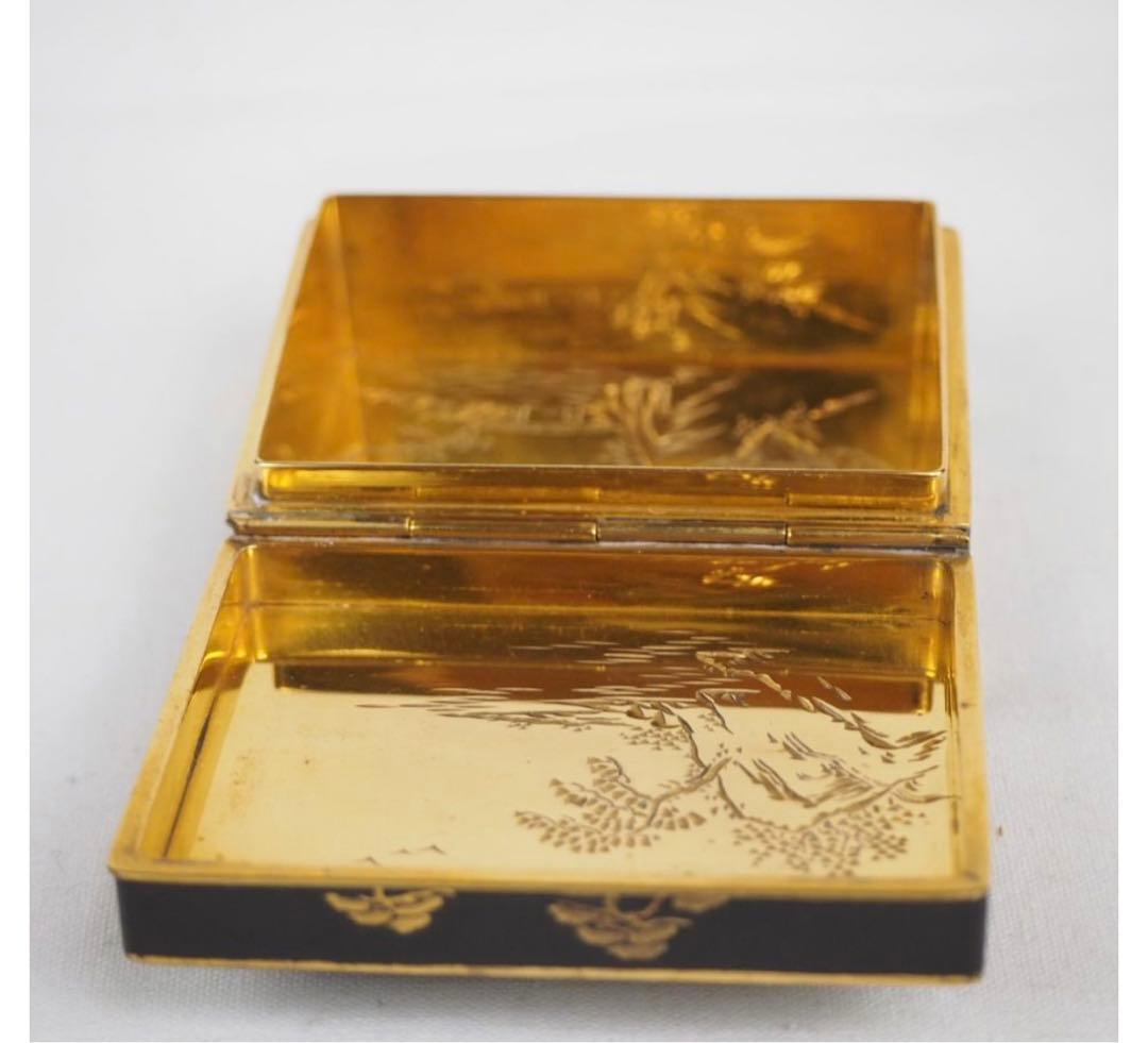 送料無料　明治期名工　藤井美豊作　金象嵌山水富士山図小箱 内金鍍金　木箱付