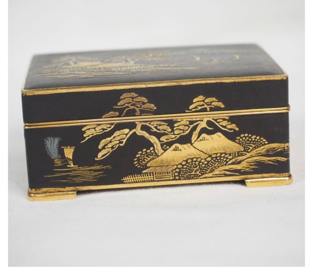 送料無料　明治期名工　藤井美豊作　金象嵌山水富士山図小箱 内金鍍金　木箱付