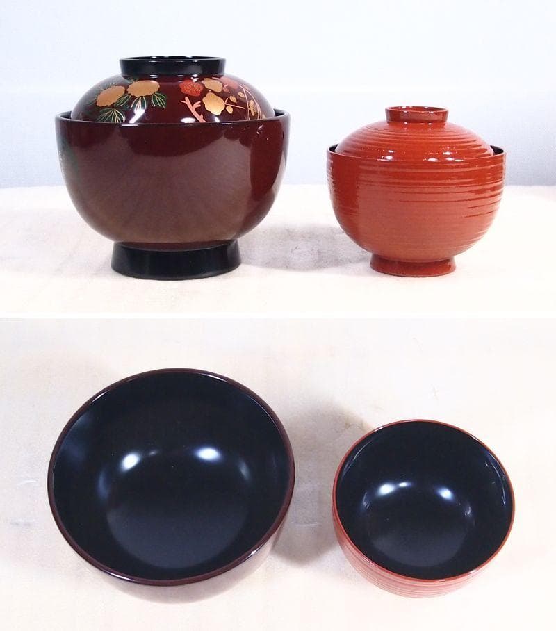 【中古・焼けあり】輪島塗 花の丸四君子蒔絵 雑煮椀5客 煮物椀/丼椀 武田漆器店