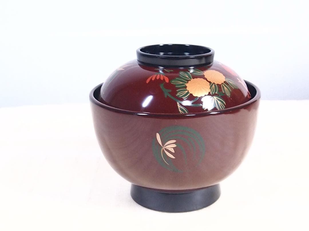 【中古・焼けあり】輪島塗 花の丸四君子蒔絵 雑煮椀5客 煮物椀/丼椀 武田漆器店