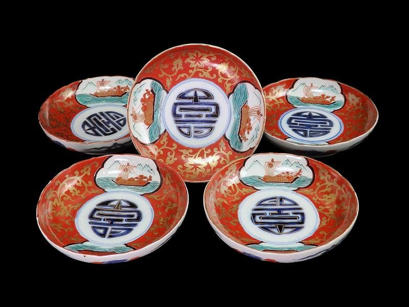 古伊万里　色絵　窓絵　宝船に金唐草の図　４寸皿　５枚　B985AS-CXv