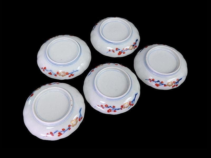 古伊万里　色絵　獅子に牡丹　梅に鶯の図　４寸皿　５枚　C233AS-fbsy