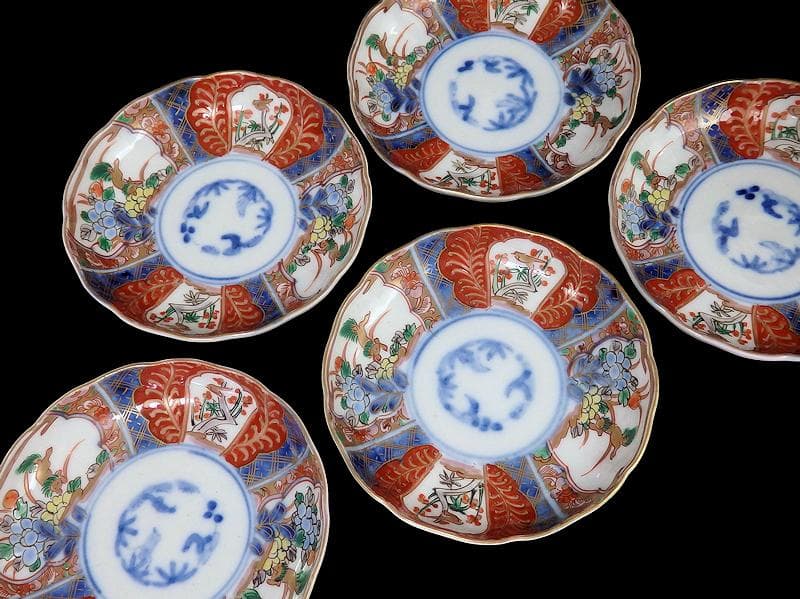 古伊万里　色絵　獅子に牡丹　梅に鶯の図　４寸皿　５枚　C233AS-fbsy