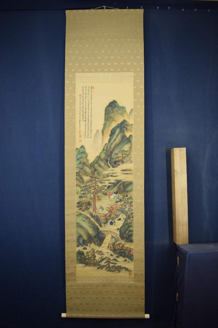 【真作】東伯/青緑山水人物画賛/掛軸☆宝船☆Y-167　JM