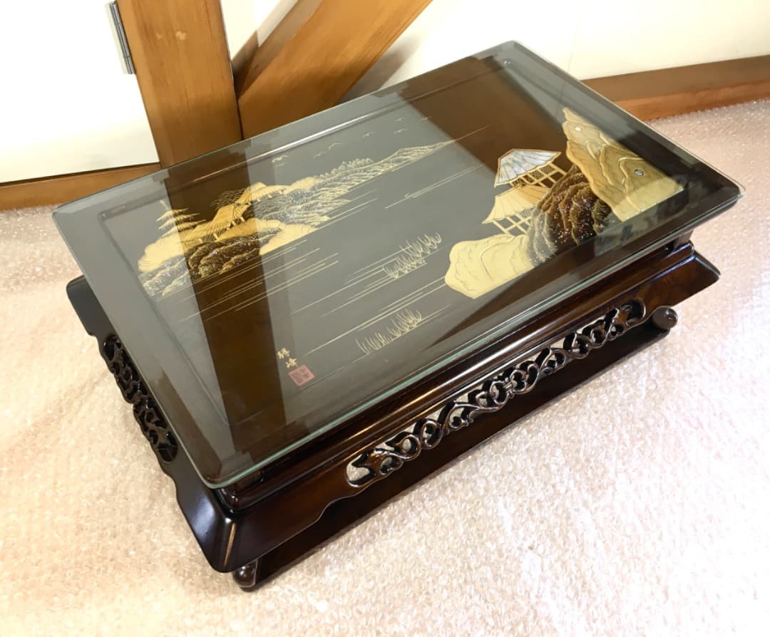 【勝峰作】花台 飾り台 螺鈿細工 金彩蒔絵 机 ガラス付属 ②