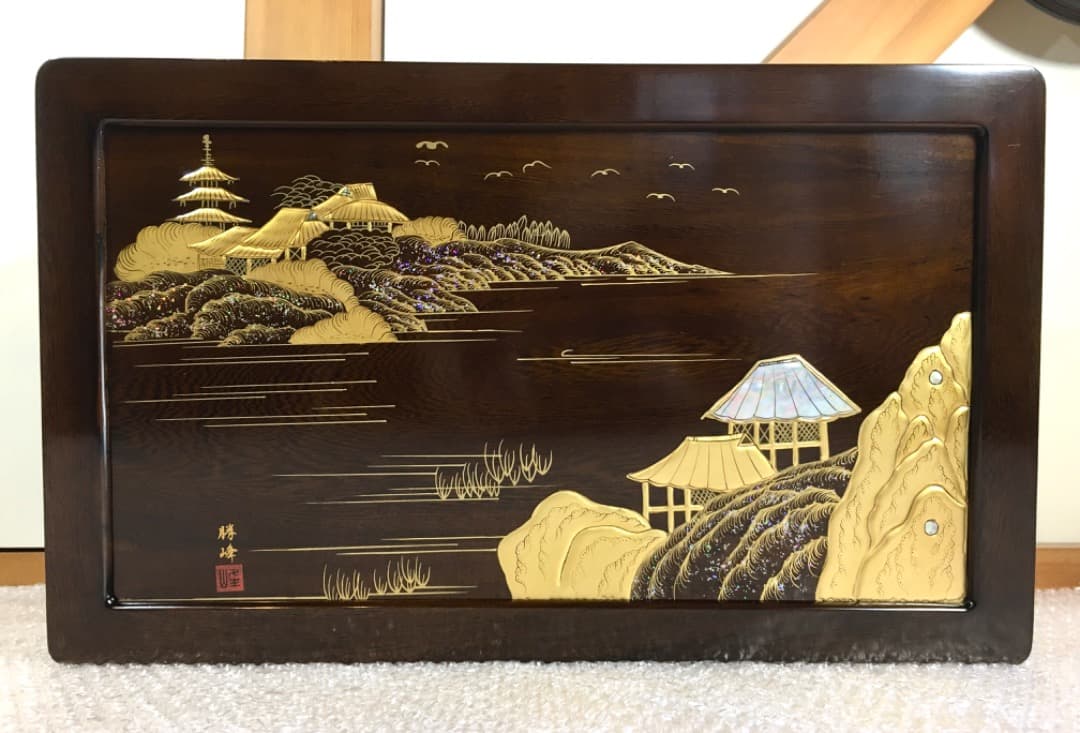 【勝峰作】花台 飾り台 螺鈿細工 金彩蒔絵 机 ガラス付属 ②