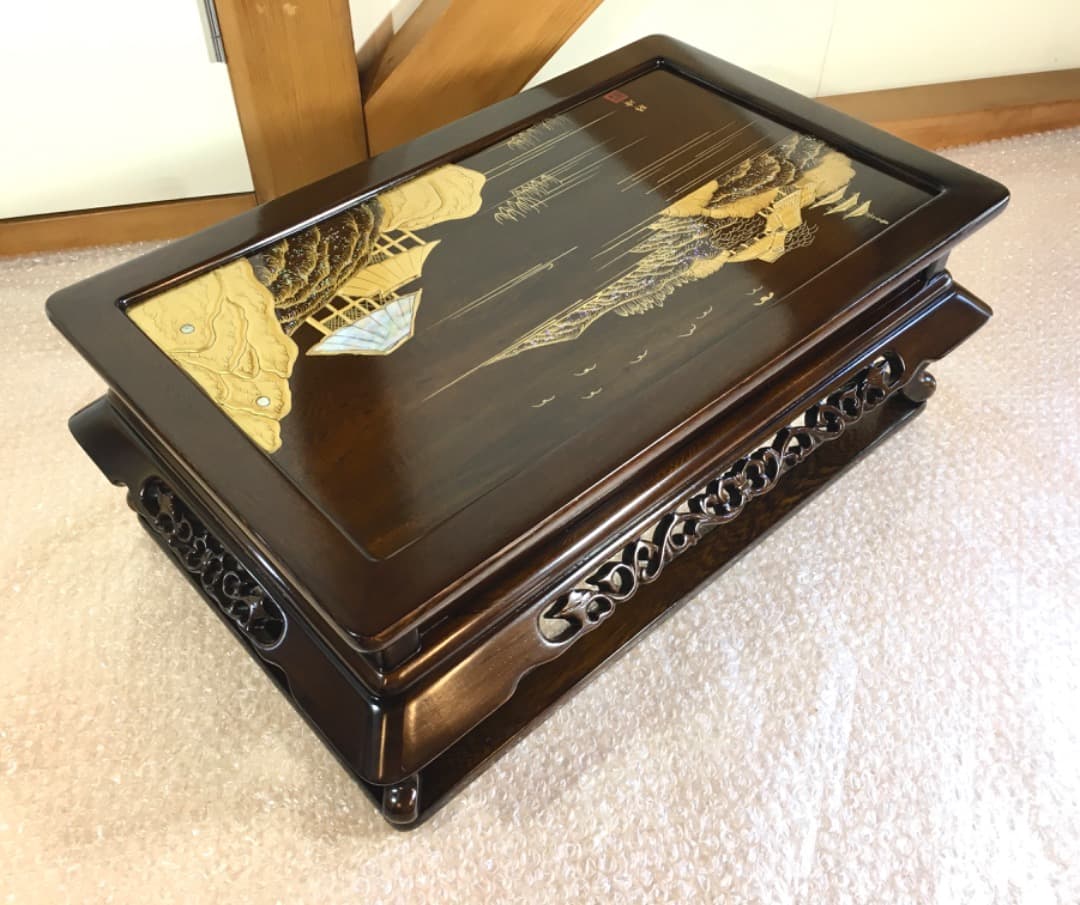 【勝峰作】花台 飾り台 螺鈿細工 金彩蒔絵 机 ガラス付属 ②