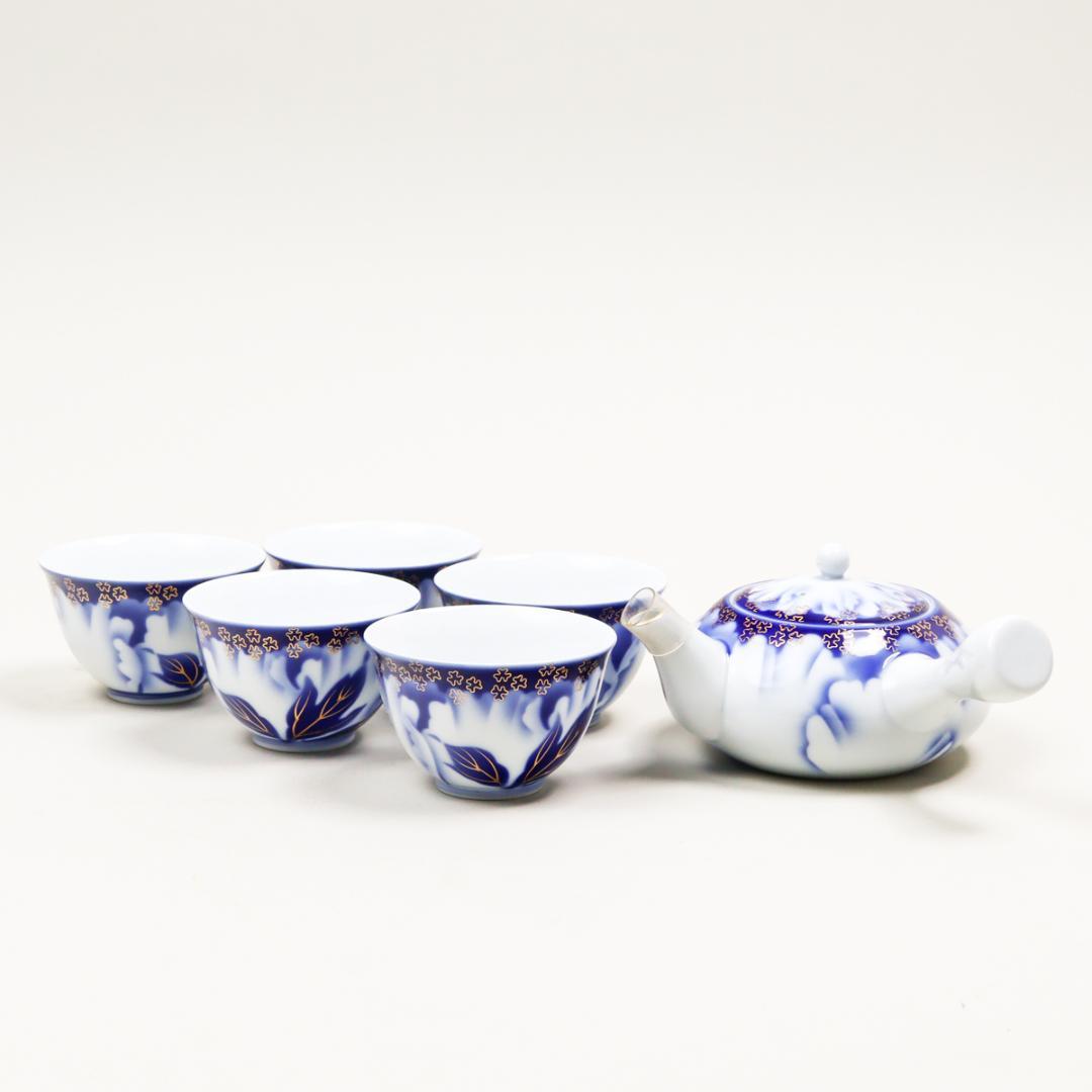 深川製磁 牡丹 金ミル 茶器揃い 湯呑み 6点 急須 共箱 未使用