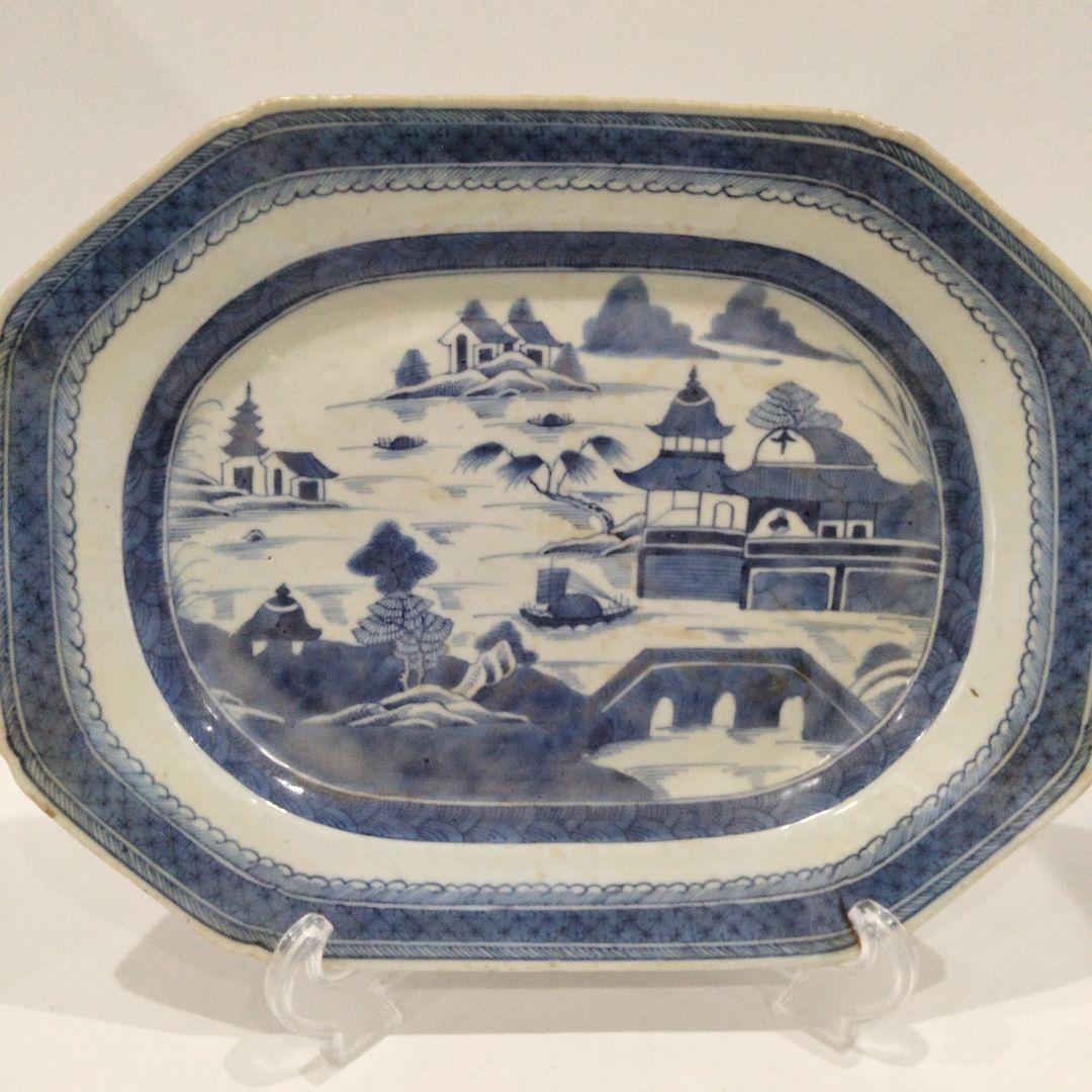 専用 m198 中国唐物 清朝古染付 新渡 南京山水風景図八角大皿